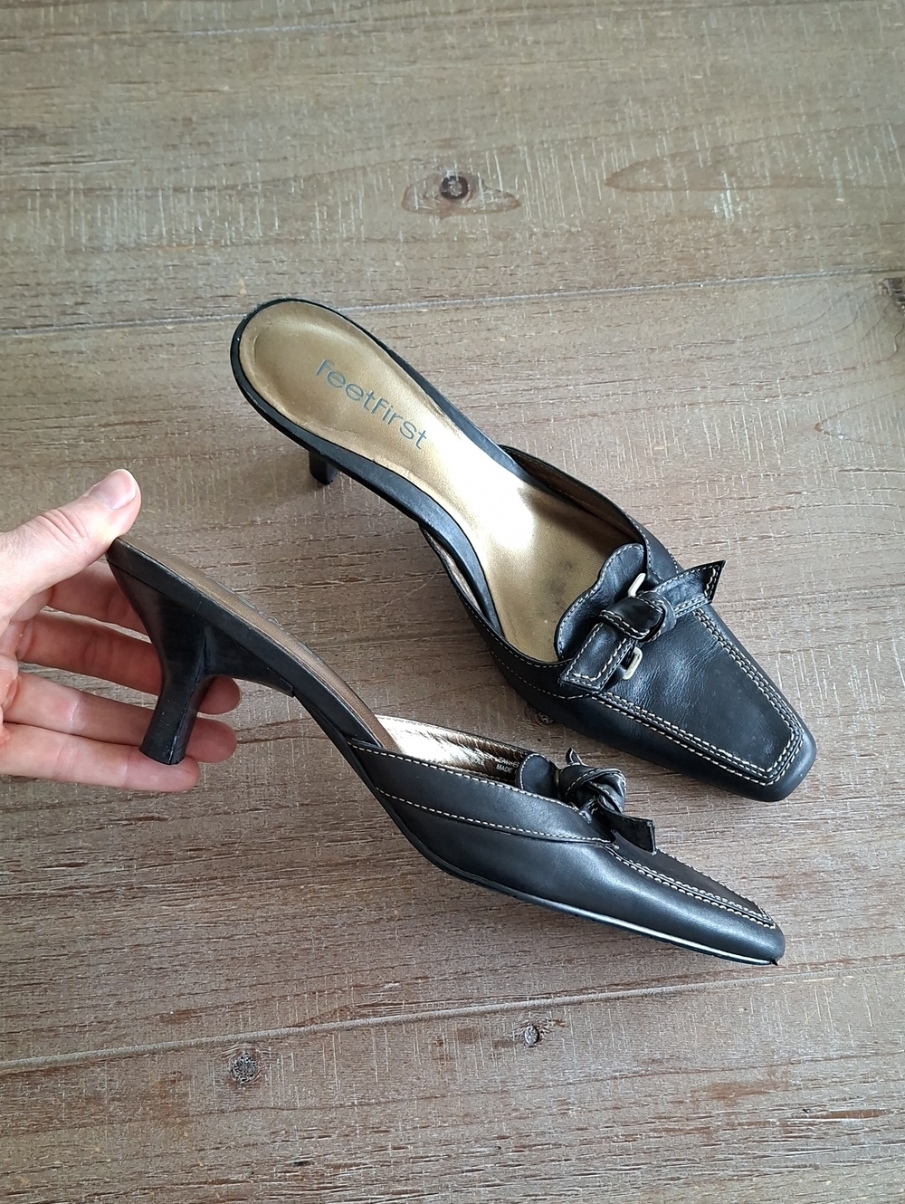 Vintage 90's/00's Black & Tan Leather Square-toe Bow-detail Mules (Size EU 37) - Picture 2 of 9
